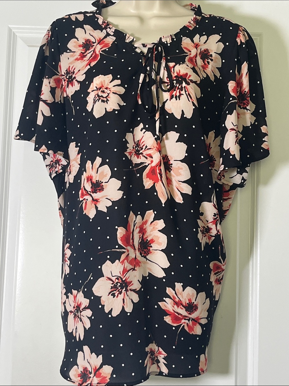 Floral Tie-Neck Blouse - Black with Pink Floral